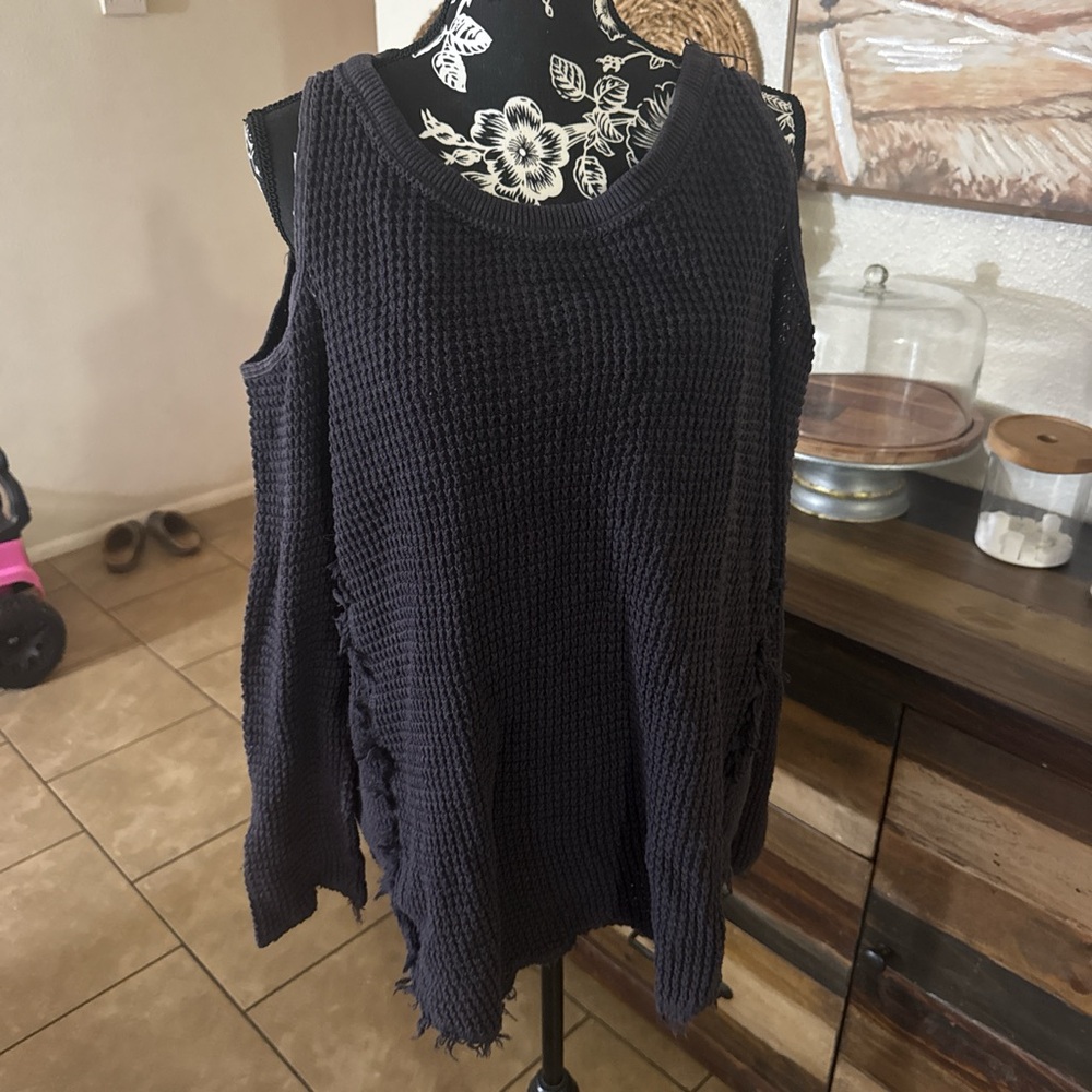 Free People Black Waffle Knit Cold Shoulder Sweater